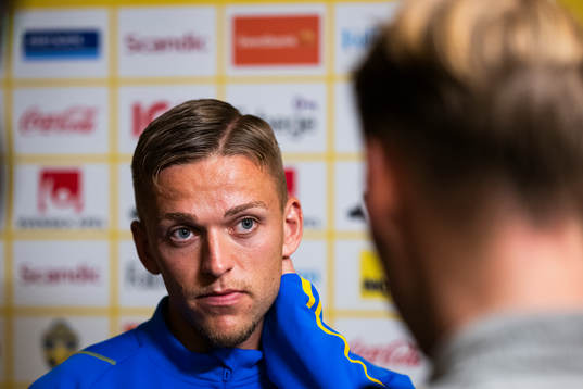 of the Swedish national football team at a Mixed Zone