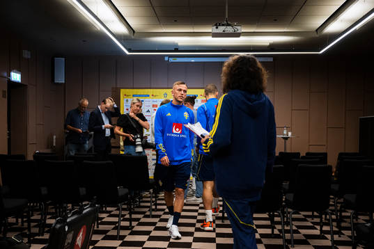 of the Swedish national football team at a Mixed Zone