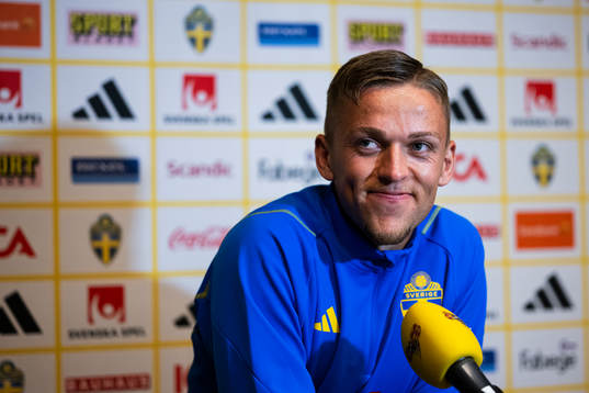 of the Swedish national football team at a Mixed Zone