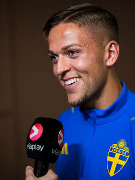 of the Swedish national football team at a Mixed Zone