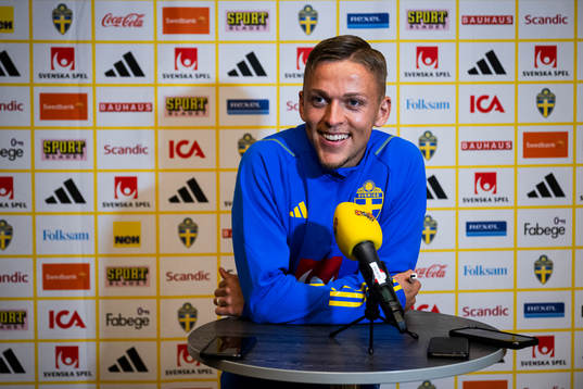 of the Swedish national football team at a Mixed Zone
