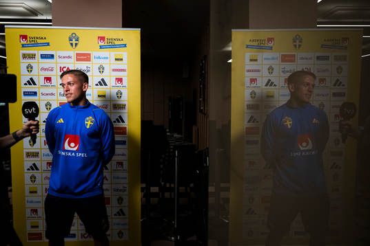 of the Swedish national football team at a Mixed Zone