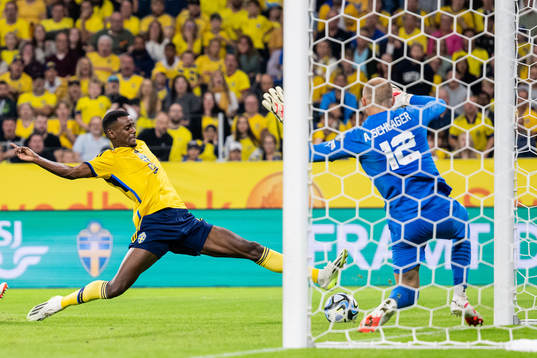 Alexander Isak of Sweden against goalkeeper Alexander