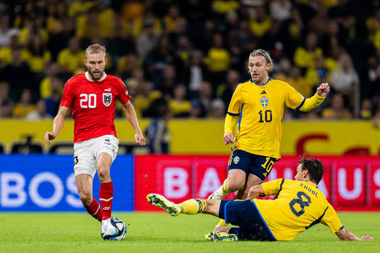Konrad Laimer of Austria against Emil Forsberg and Albin