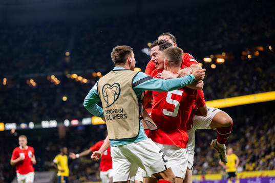 Michael Gregoritsch of Austria celebrates with teammates