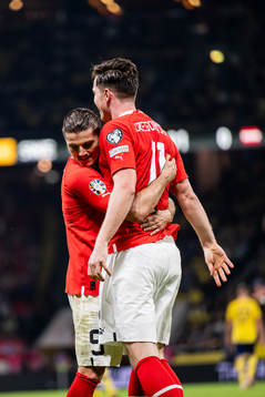 Marcel Sabitzer and Michael Gregoritsch celebrate the 0-1