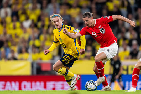 Emil Forsberg of Sweden and Marcel Sabitzer of Austria