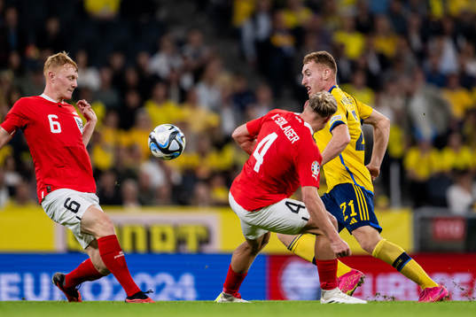 Dejan Kulusevski of Sweden against Nicolas Seiwald and