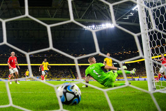 Goalkeeper Robin Olsen of Sweden lets in the 0-2 goal by