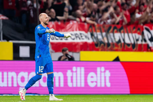 Goalkeeper Alexander Schlager of Austria celebrates