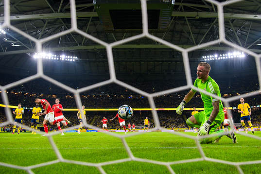 Goalkeeper Robin Olsen of Sweden looks dejected when Marko