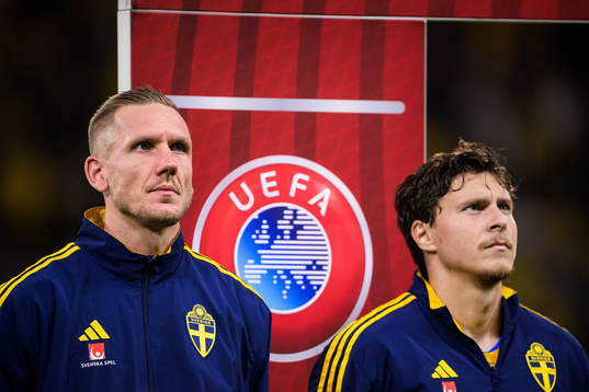 Goalkeeper Robin Olsen and Victor Nilsson Lindelöf of