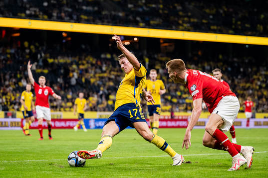 Viktor Gyökeres of Sweden and Philipp Lienhart of Austria
