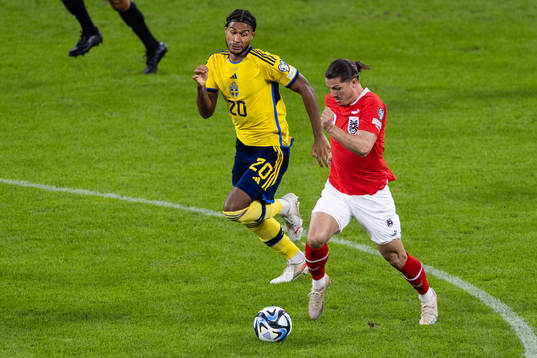 Jens-Lys Michel Cajuste of Sweden and Marcel Sabitzer of