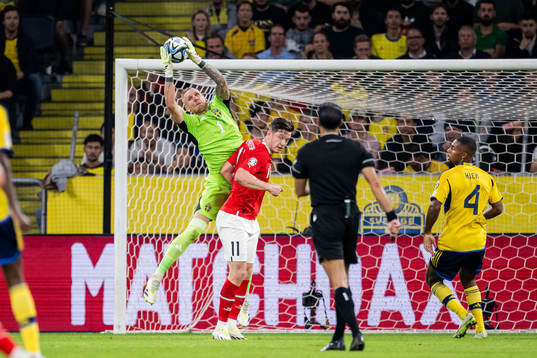 Goalkeeper Robin Olsen of Sweden and Michael Gregoritsch of