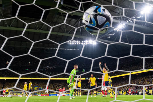 Goalkeeper Robin Olsen and Victor Nilsson Lindelöf of