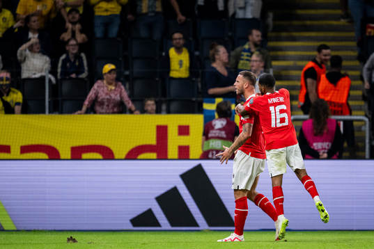 Marko Arnautovic of Austria celebrate with Philip Mwene