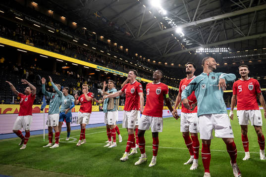 David Alaba of Austria celebrate with teamamtes