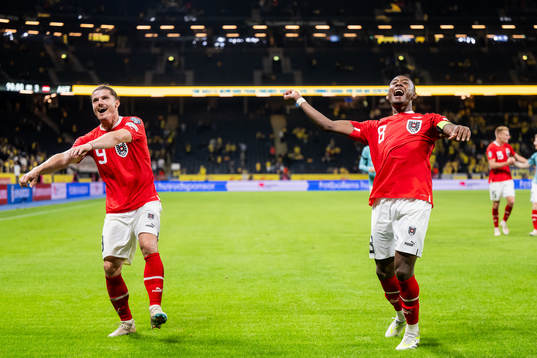 Marcel Sabitzer and David Alaba of Austria celebrate