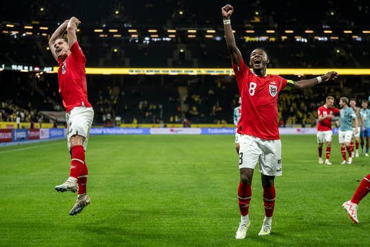 Marcel Sabitzer and David Alaba of Austria celebrate