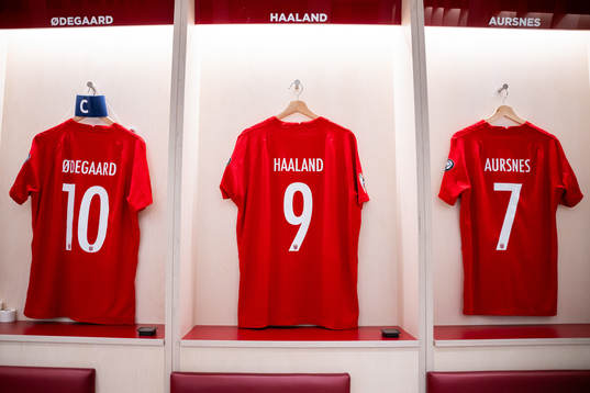 The kits of Martin Ødegaard, Erling Braut Haaland and