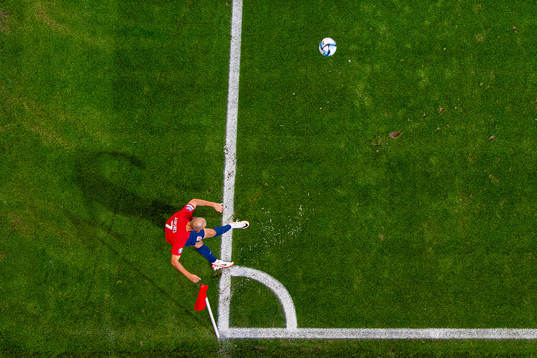 Fredrik Aursnes of Norway takes a corner kick