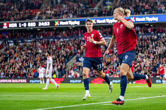 Erling Braut Haaland of Norway celebrates with teammate