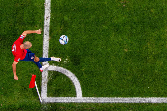 Fredrik Aursnes of Norway takes a corner kick