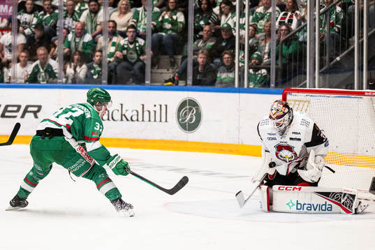 Rögles Oskar Pettersson och Malmö Redhawks målvakt Adam
