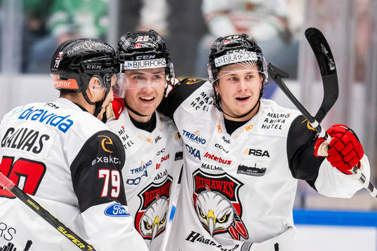 Malmö Redhawks Janne Kuokkanen (m) jublar med Jakub Galvas