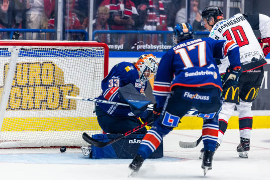 Växjös målvakt Emil Larmi och Malmö Redhawks William