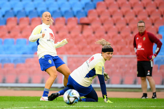 Hanna Bennison and Goalkeeper Tove Enblom of Sweden