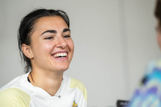 Goalkeeper Zecira Musovic is interviewed