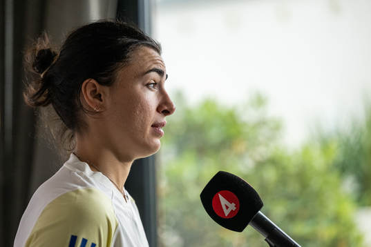Goalkeeper Zecira Musovic is interviewed