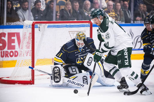 HV71s målvakt Joni Ortio och Färjestads Joakim Nygård