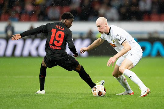 Nathan Tella of Bayer Leverkusen and Valgeir Lunddal of