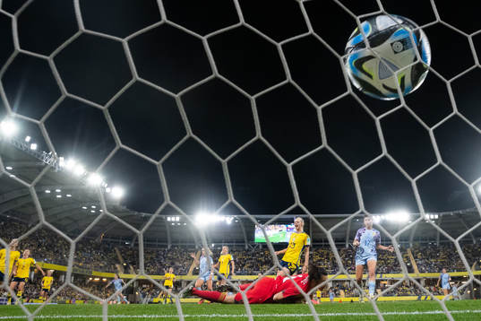 Eva Navarro of Spain scores 1-2 behind goalkeeper Zecira