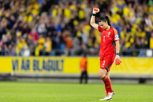 Goalkeeper Zecira Musovic of Sweden celebrates