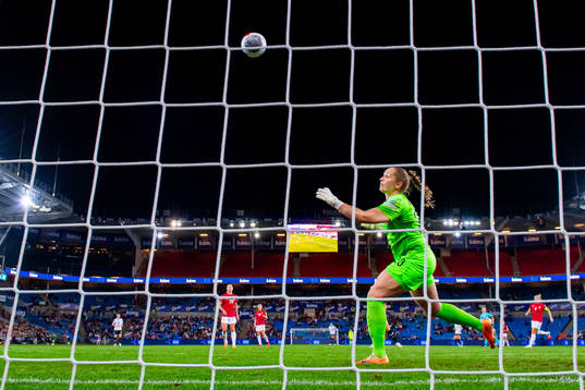 Goalkeeper Aurora Mikalsen of Norway lets in the 1-1 goal