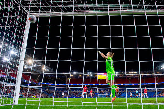 Goalkeeper Aurora Mikalsen of Norway lets in the 1-1 goal