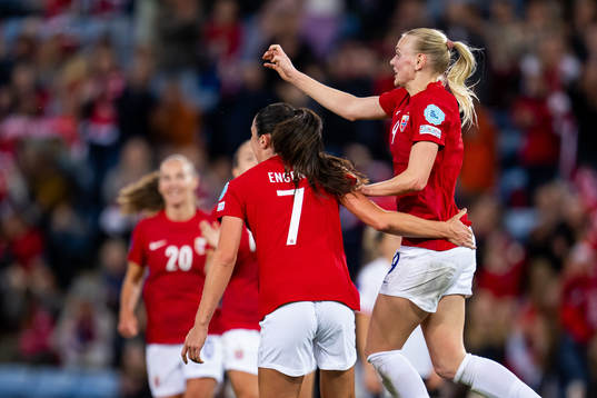 Karina Sævik of Norway celebrates with teammate Ingrid