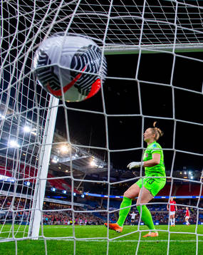 Goalkeeper Aurora Mikalsen of Norway lets in the 1-1 goal