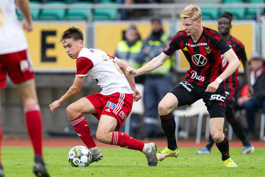 Skövde AIKs Isak Vidjeskog och Östersunds Malcolm Stolt
