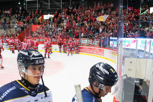 MoDos spelare jublar med supportrar medan HV71s deppar