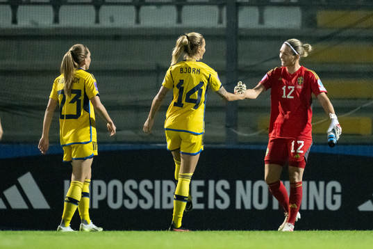Nathalie Björn and goalkeeper Jennifer Falk of Sweden