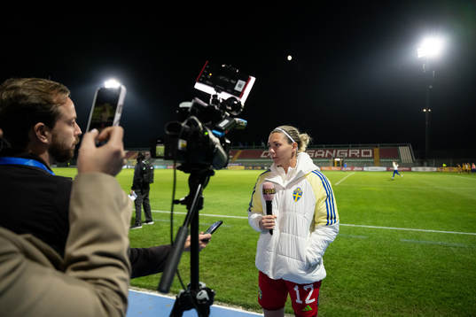 goalkeeper Jennifer Falk of Sweden speaks ro media