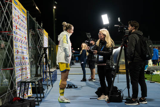 Linda Sembrant of Sweden speaks to media