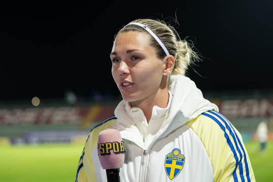 goalkeeper Jennifer Falk of Sweden speaks to media