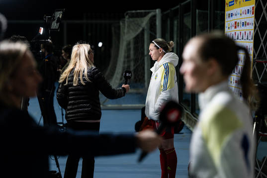 goalkeeper Jennifer Falk of Sweden speaks to media