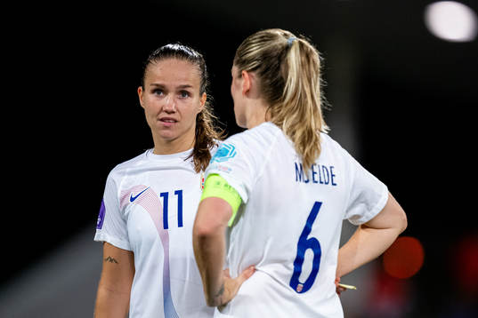 Guro Reiten and Maren Mjelde of Norway looks dejected